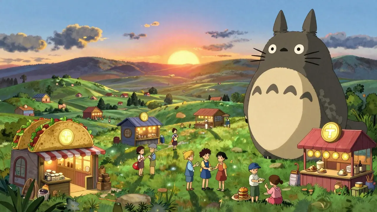 Taco shops and coffee stalls in a valley where people use TCT tokens, watched over by a giant spirit cat.