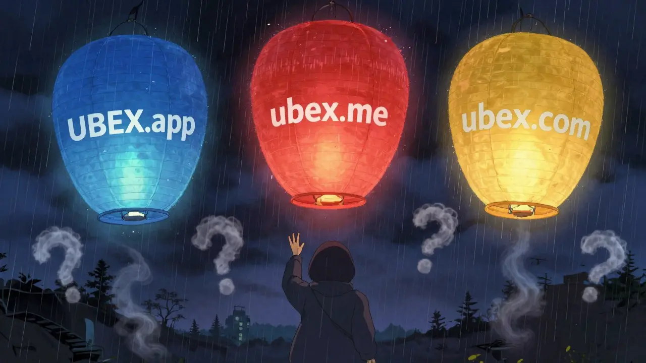 Three ghostly websites appear as floating lanterns in a stormy sky, confusing a traveler with their conflicting glows.