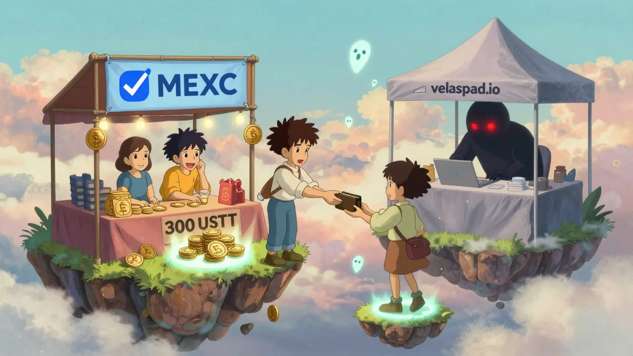 Traders at a cloud marketplace exchange tokens; one avoids a scammer&#039;s fake website tent while another trades legitimately at MEXC.