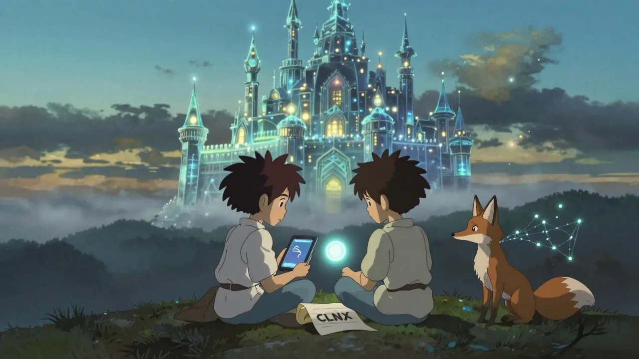 Two children compare a real messaging app to a blank CLNX token as a digital castle fades into mist.