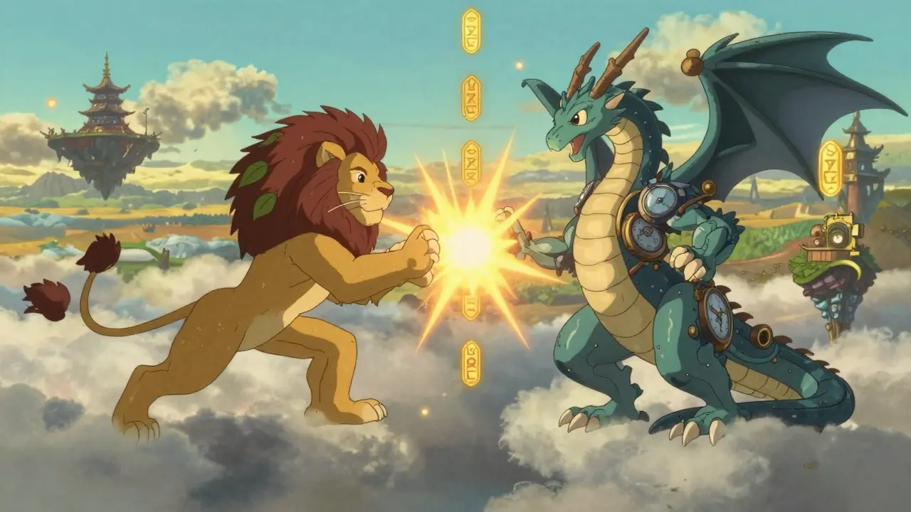 Two players battle with evolved monster companions in a cloud arena, golden VERSE tokens falling like rain around them.