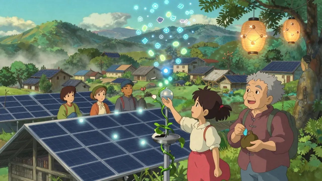 Villagers gather around a community solar grid as glowing tokens rise into the air, with a child touching a weather sensor that blooms with data vines.
