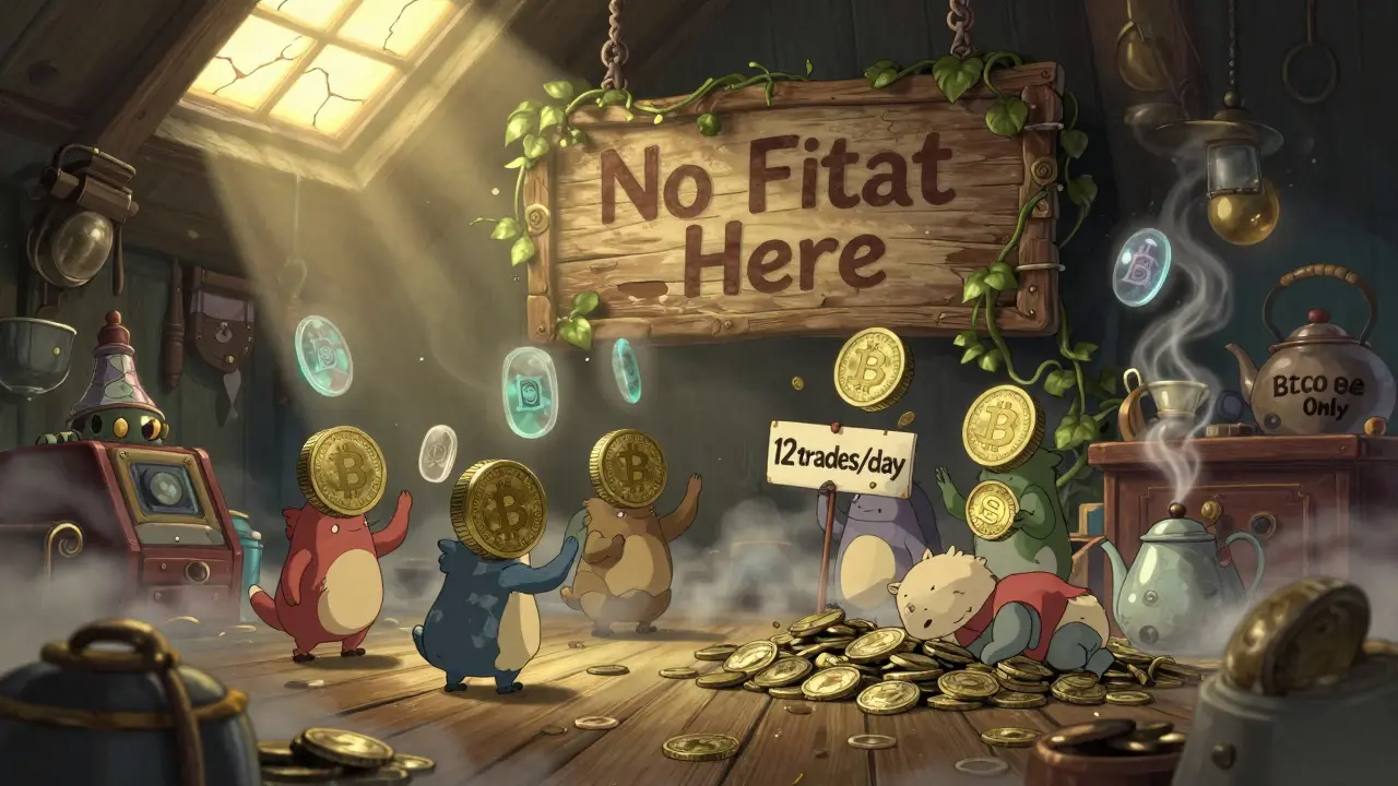 Whimsical coin-headed creatures bartering over abandoned tokens in a magical trading room.