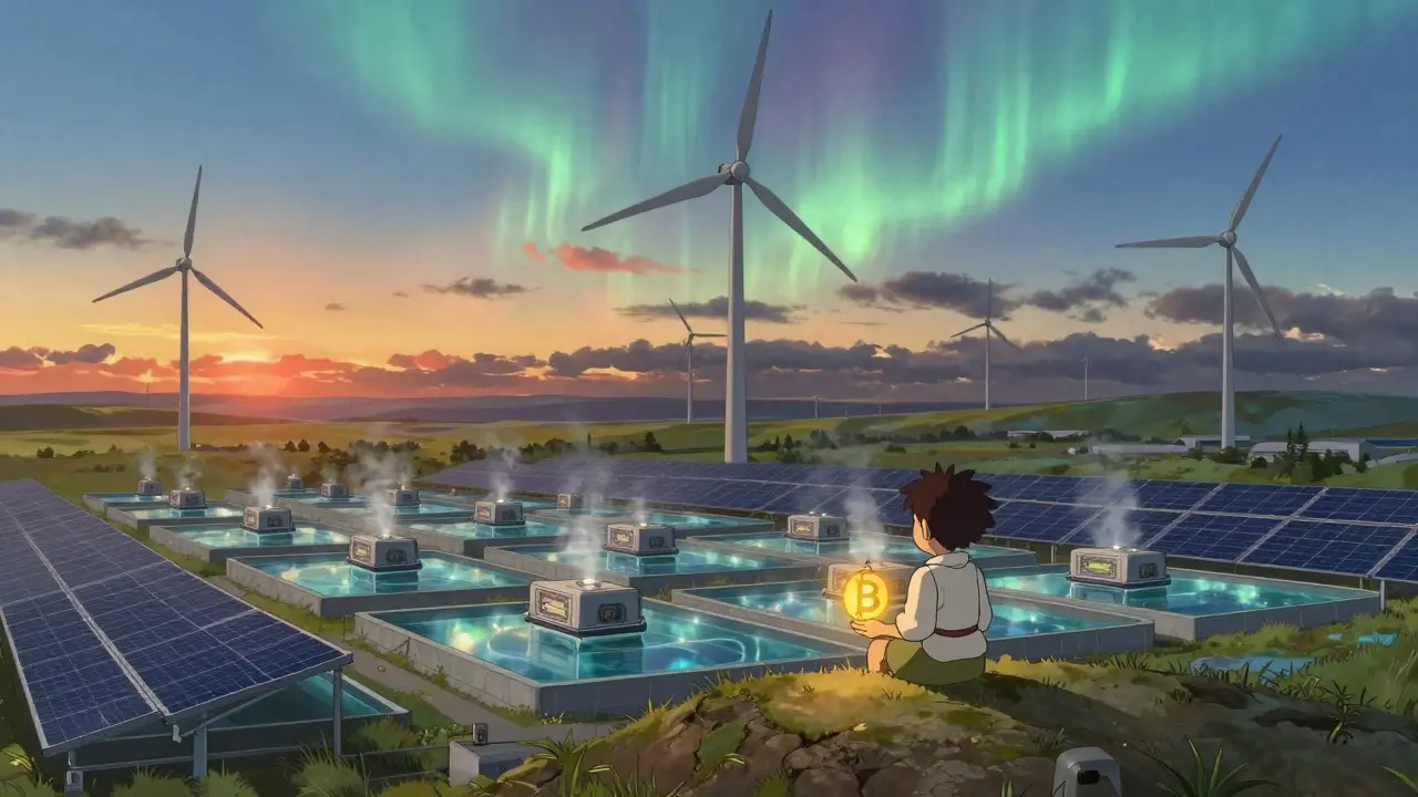 Wind-powered mining farm with submerged ASIC rigs under a sunset aurora, seen from a child on a hilltop.