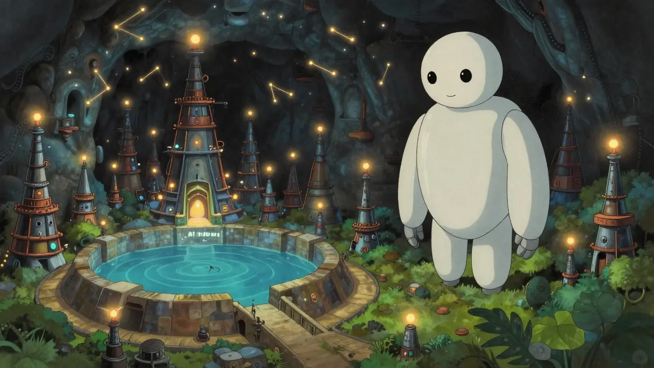 A cavern of mining rigs lit like stars, watched over by a gentle robot offering paths to big pool or private mining.