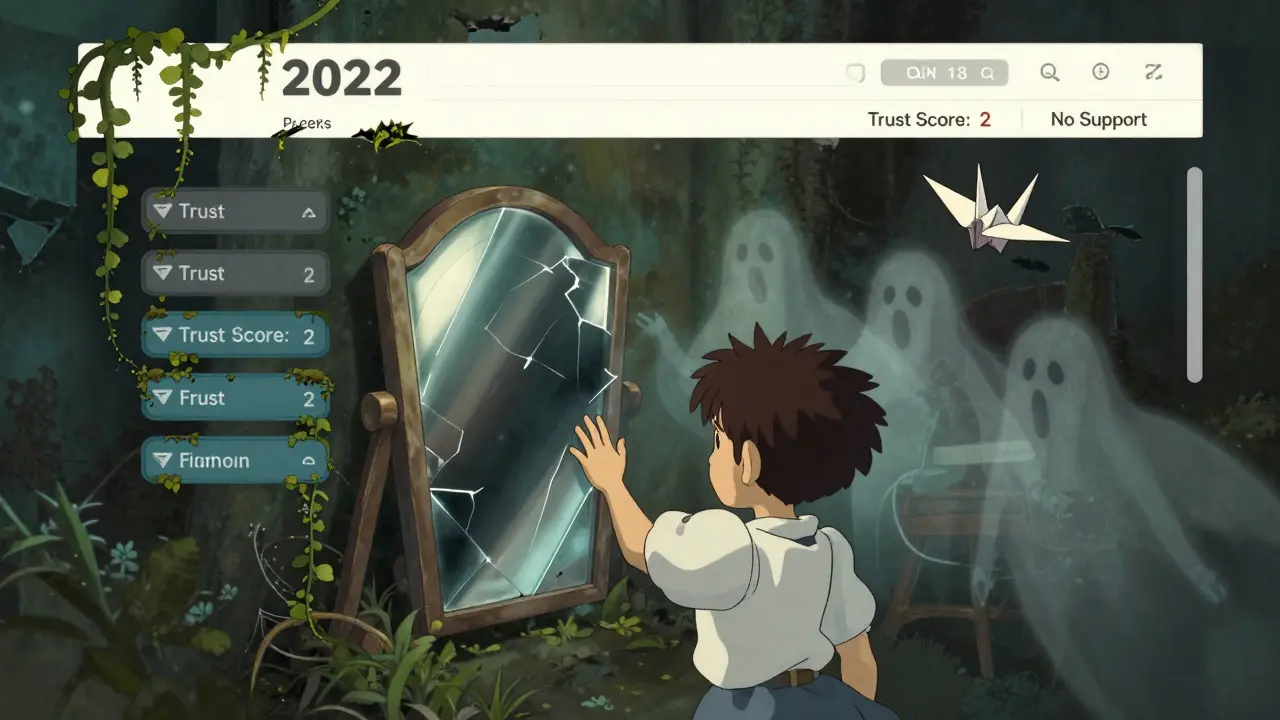 A child reaching for a broken mirror labeled 'Trust Score: 2' as ghostly users fade away.