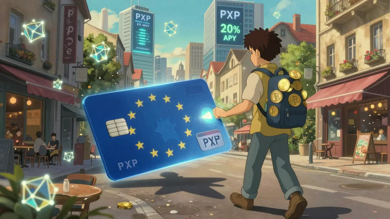 A crypto debit card transforming digital assets into cash in a European city, with PXP tokens glowing on a user's backpack.