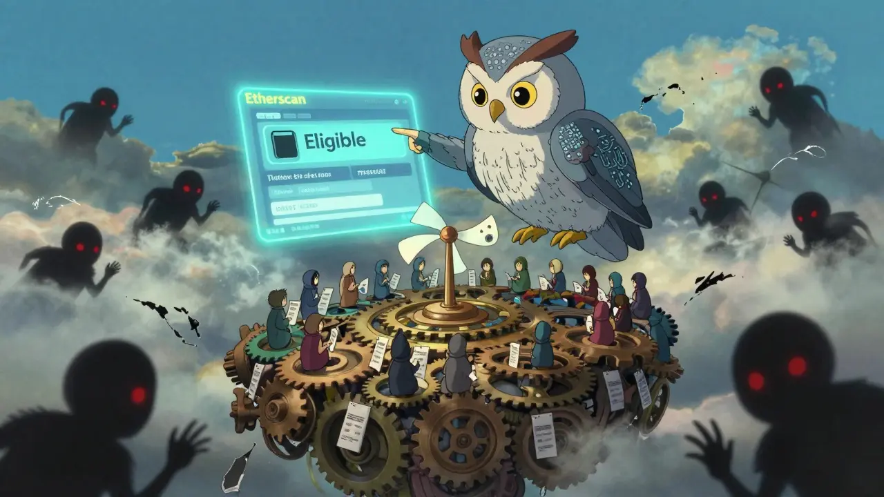 A digital sky above a floating island of gears and ballots, an owl spirit points to an eligible wallet while scam figures lurk.