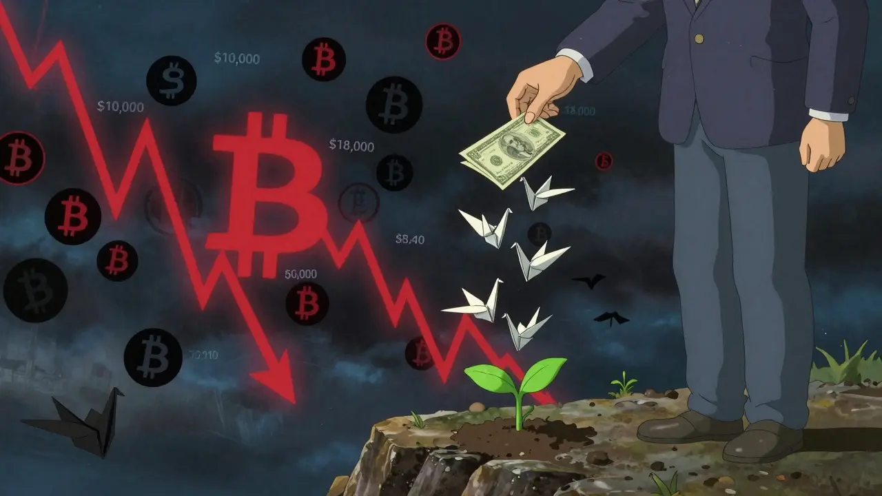 A figure releases paper cranes into a storm of falling crypto symbols, which turn into green sprouts upon impact.