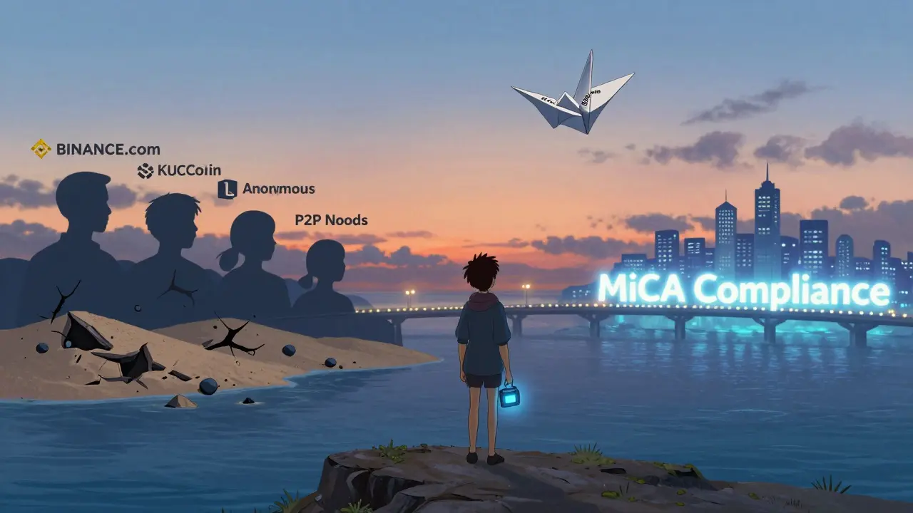 A figure standing on a cliff as unlicensed exchanges fade away, guided by a bridge of light toward compliance.