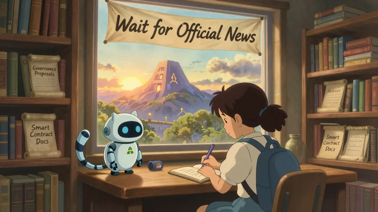 A girl in a Web3 library writes in a journal as a cat-like robot with a token tail rests beside her, sunrise glows on a blockchain mountain.