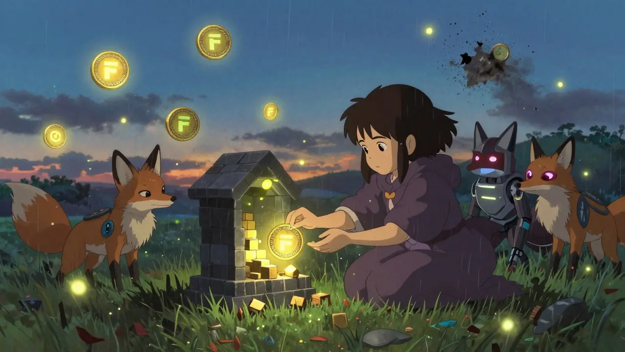 A girl places a real crypto token into a blockchain shrine as corrupted fake tokens dissolve into ash, surrounded by robotic foxes.
