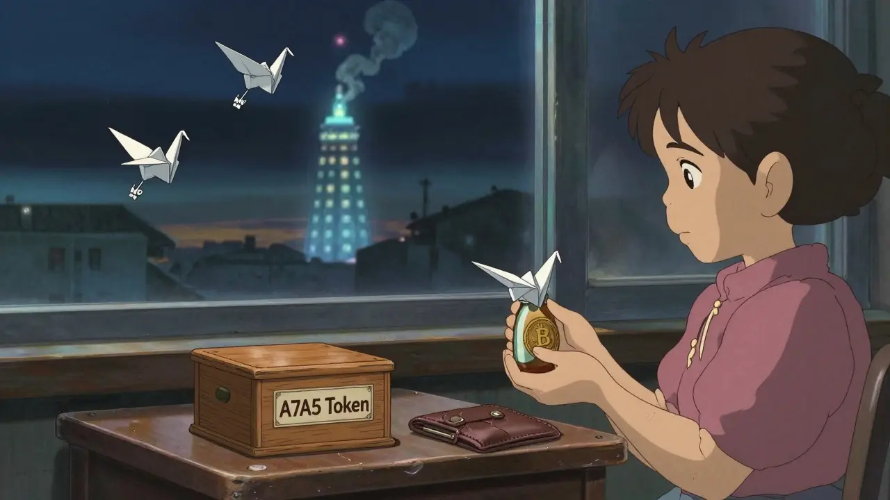 A hardware wallet and A7A5 token beside paper cranes carrying blockchain addresses at night.