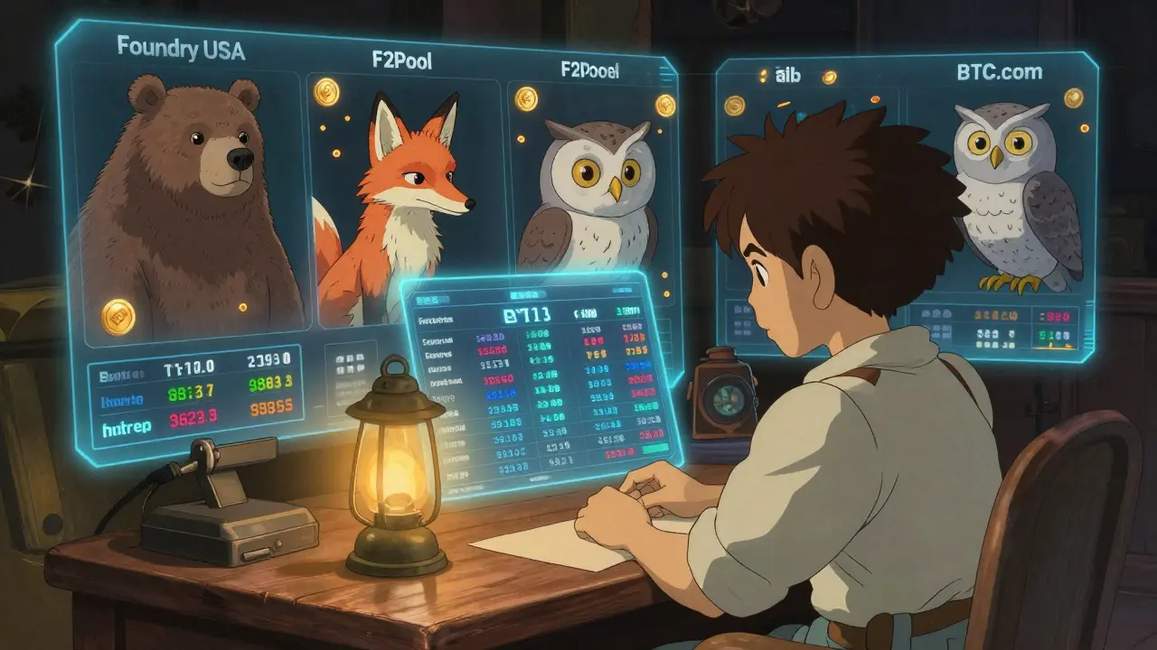 A miner at a wooden desk watching holographic pool stats represented by animal spirits with golden coins drifting around.