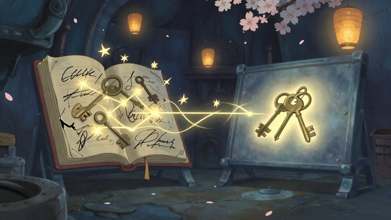 A peaceful vault with tangled ECDSA signatures on one side and a unified Schnorr signature merging with hidden keys on the other, lit by floating lanterns.