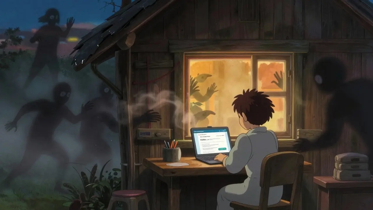A person works safely at a desk with the real CMC page, while shadowy scam figures dissolve in mist outside the window.