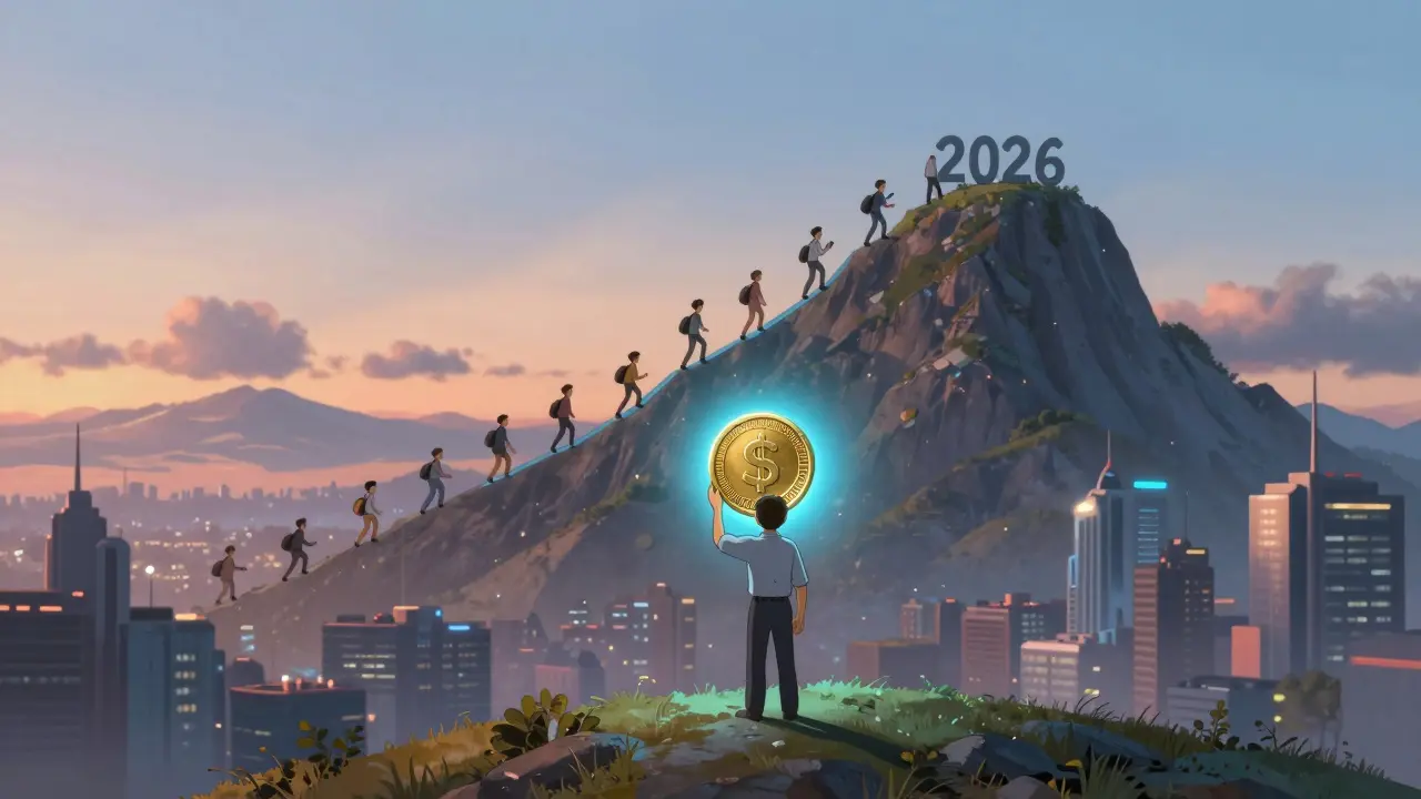 A small business owner holds a stablecoin as a rising graph shows global crypto adoption climbing toward 2026.