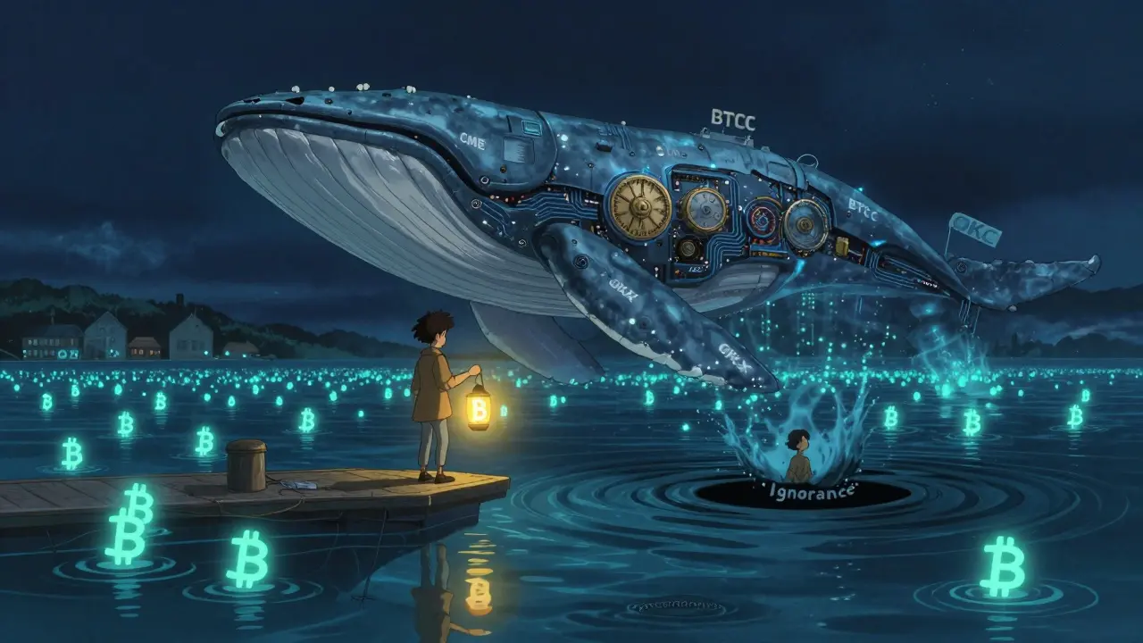 A trader on a floating platform above a glowing crypto ocean, with a mechanical whale and a stop-loss lantern casting light over their shadow.
