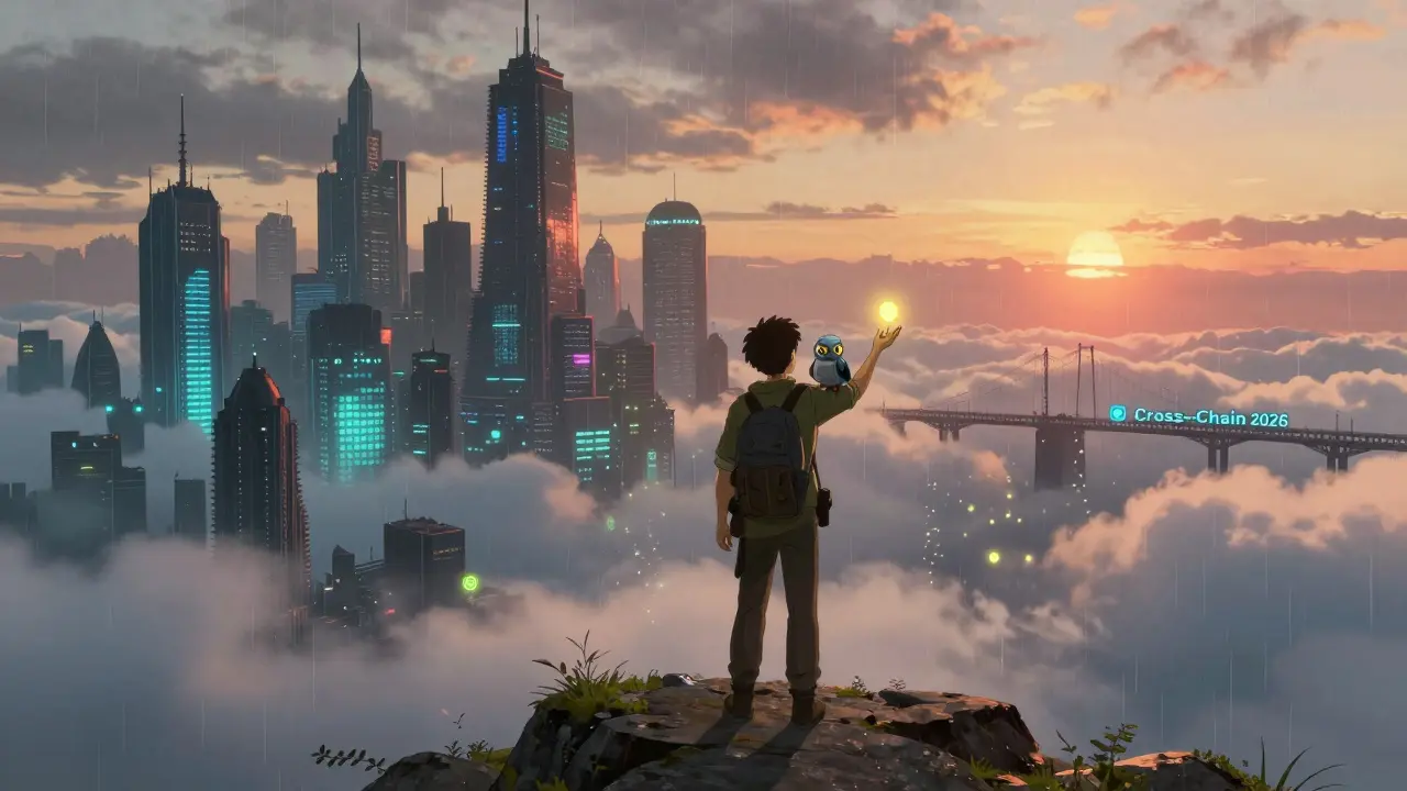 A traveler on a cliff holding a glowing HDRO token, facing a fading digital city as a robot owl points to a distant cross-chain bridge.