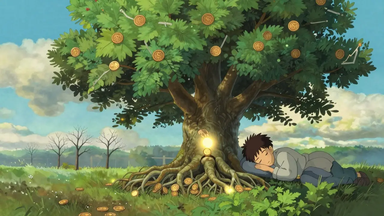 A tree grows over seasons with crypto coin leaves, fed weekly by a hand placing coins into its roots.