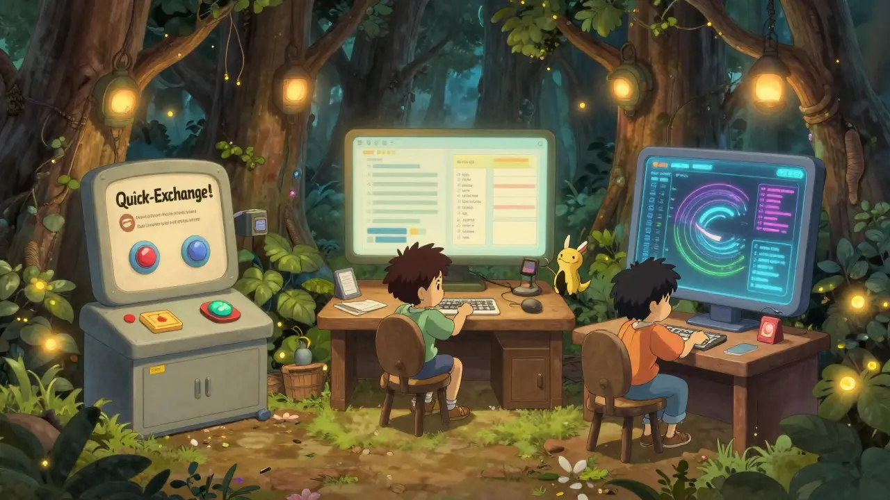 A treehouse trading floor with three interfaces, glowing charts, and friendly digital assistants in a serene forest.