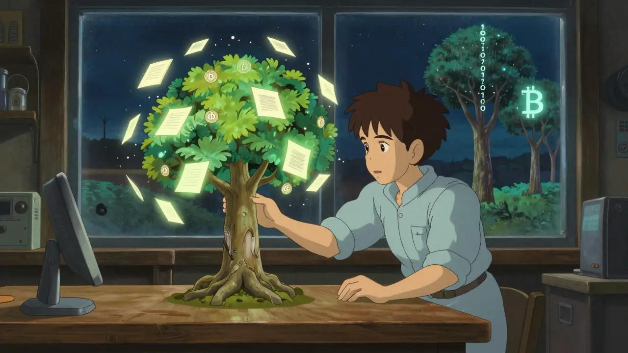 A workshop with a Verkle Tree prototype beside an old Merkle-Patricia Tree, surrounded by floating proof fragments.