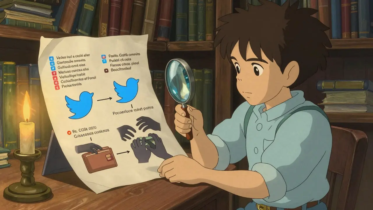 A young apprentice compares real project signs with fake crypto scams under candlelight.