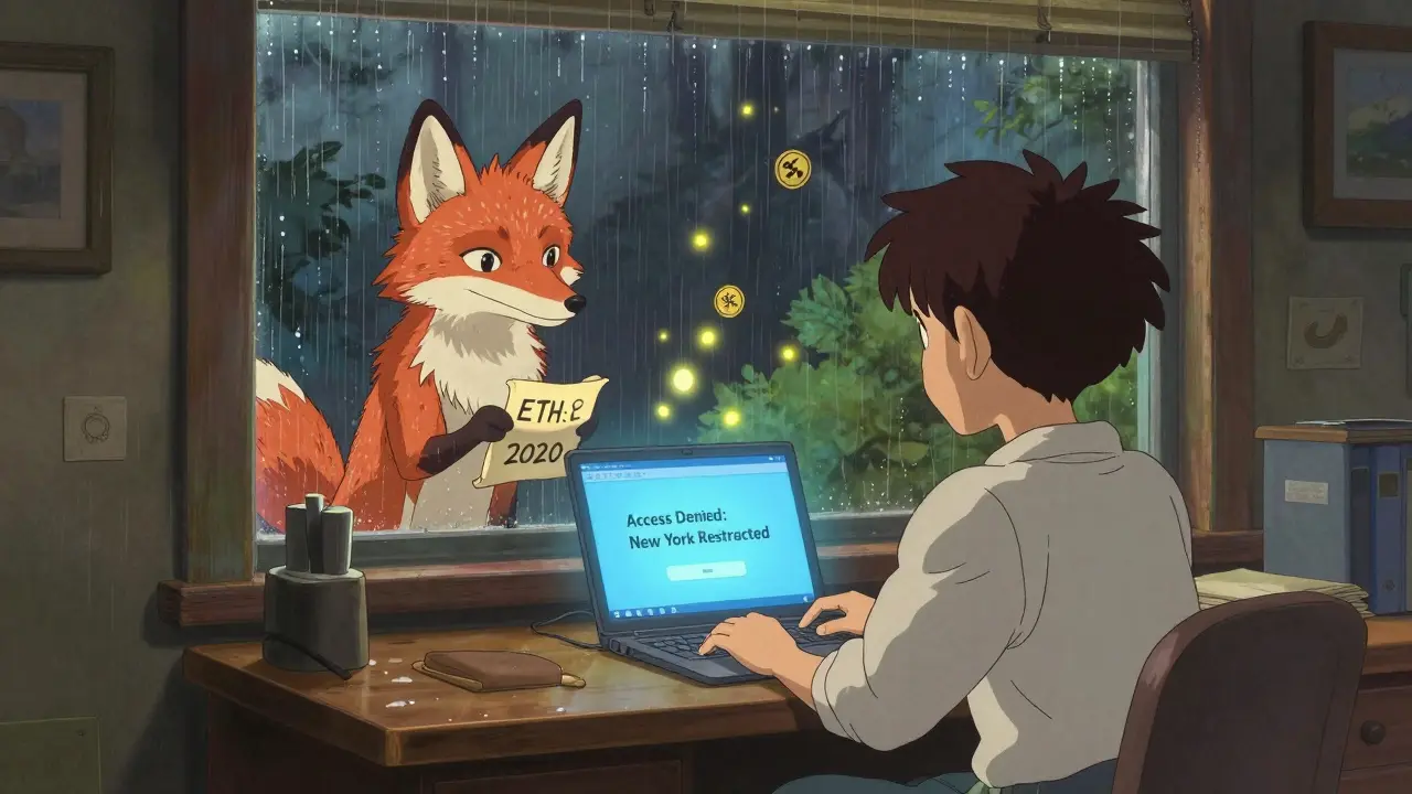A young person at a desk facing a denied access screen, with a spirit fox made of code watching as ETH2.S tokens float like fireflies.