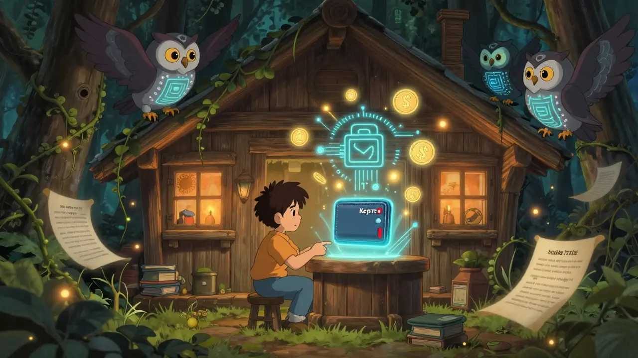 A young person voting in a glowing Hydro Wars council inside a forest cabin, with firefly-like tokens and circuit-winged owls watching.