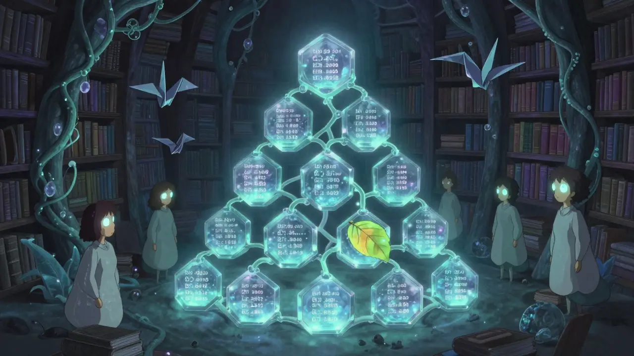 An ethereal library with crystal Patricia trie vines glowing with account data in soft cyan and lavender light.