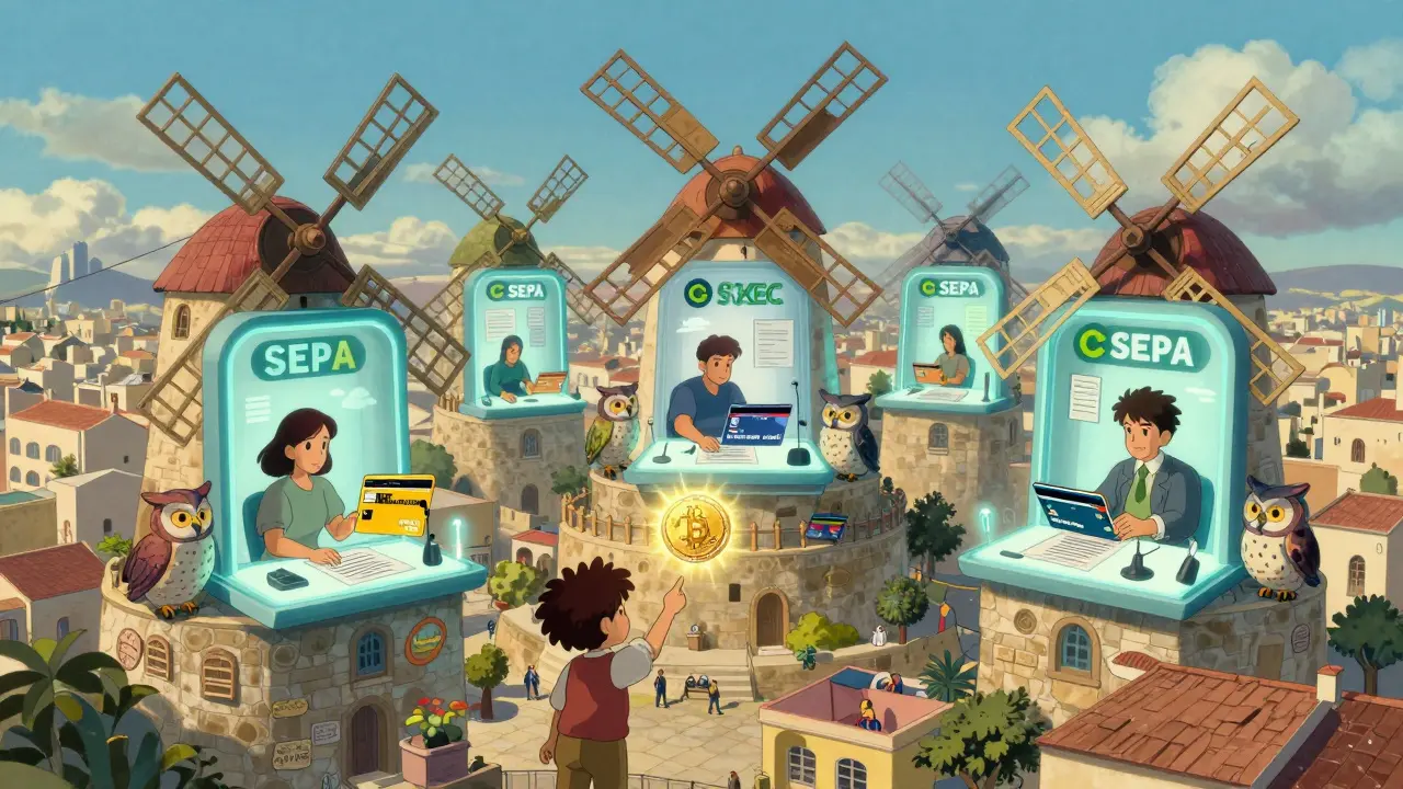 Cypriots trading crypto through windmill-shaped platforms as regulatory owl-spirits watch over them.