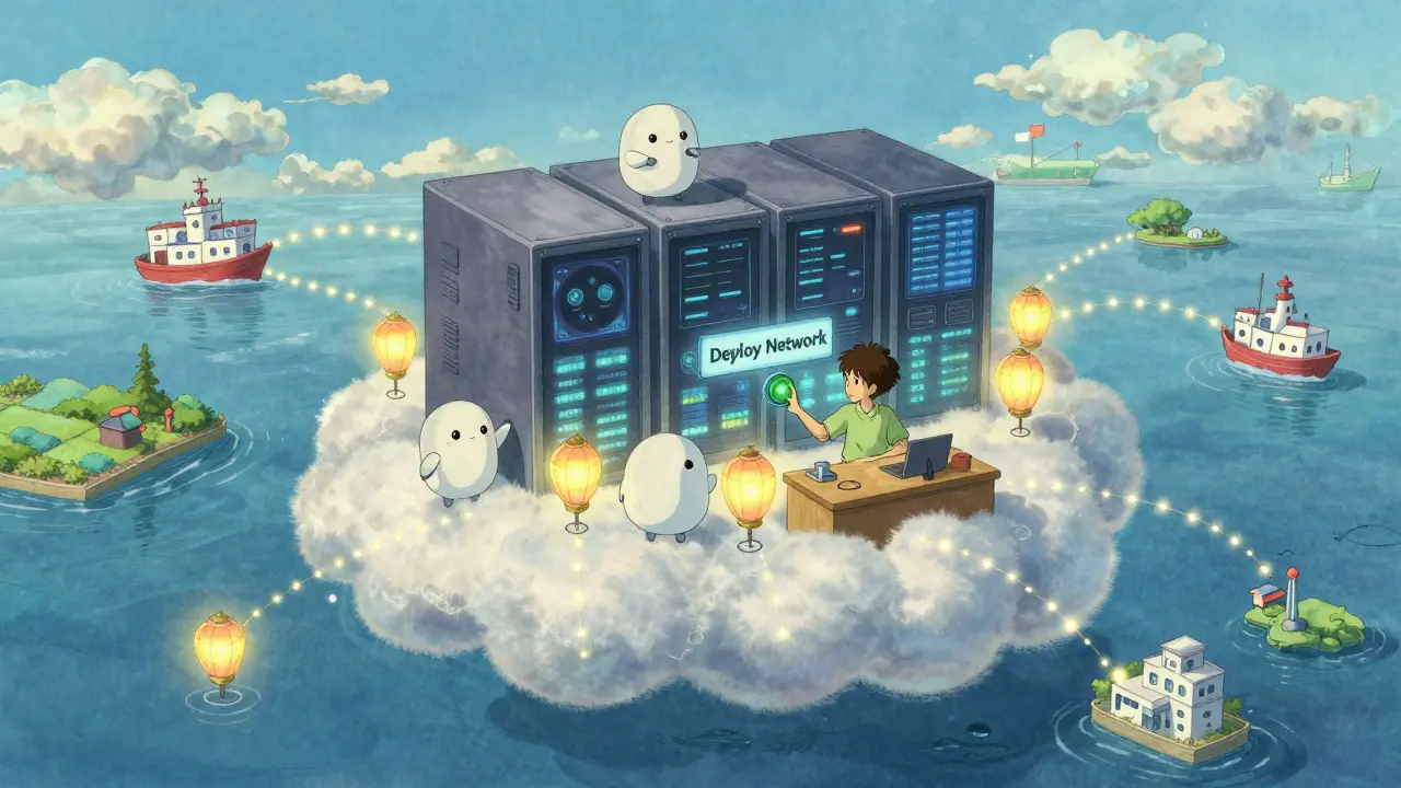 Friendly robots tend to lantern-shaped blockchain nodes in a floating cloud data center above the ocean.