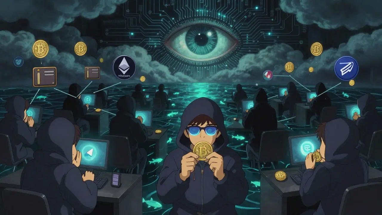 Hidden crypto traders in Tehran with floating digital coins and a surveillance eye in the sky.