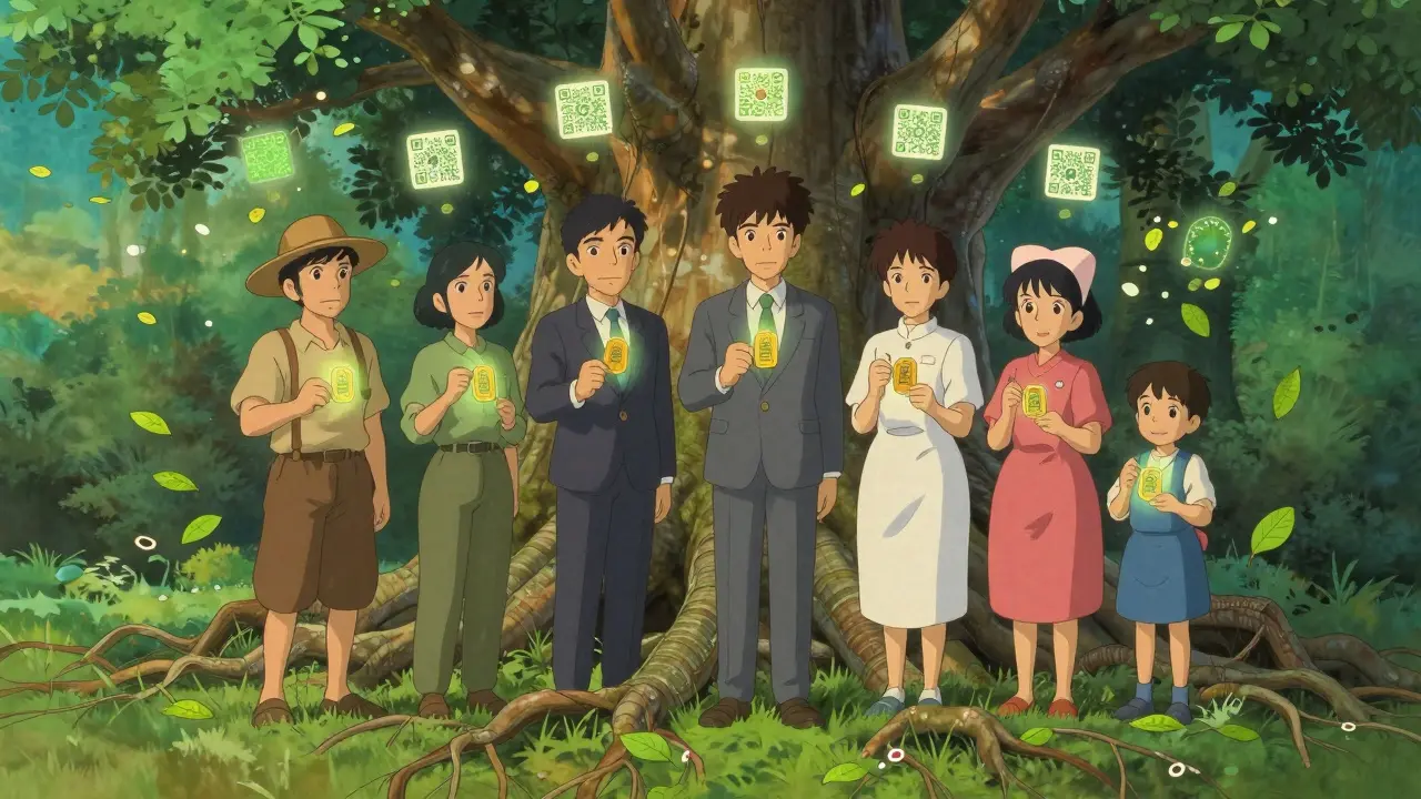 People stand under a tree with blockchain roots, holding glowing tokens as QR-code leaves fall around them.