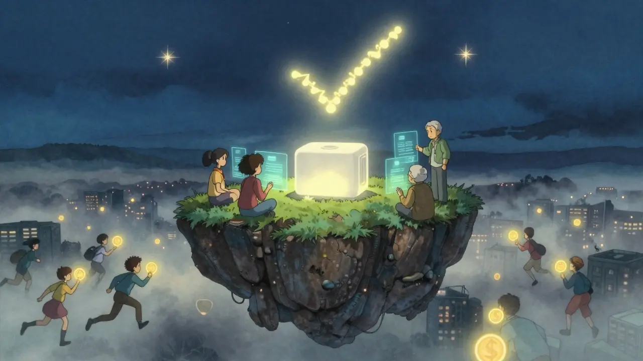 Quiet characters interact with a glowing blockchain node on a floating island above a chaotic city.