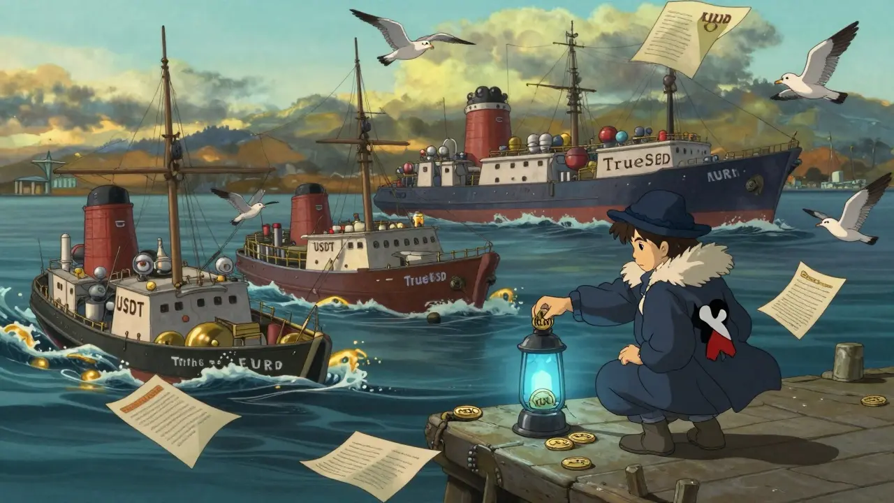 Sinking stablecoin ships in a European harbor as a sailor places a new KUSD coin into a glowing lantern, surrounded by audit certificates.