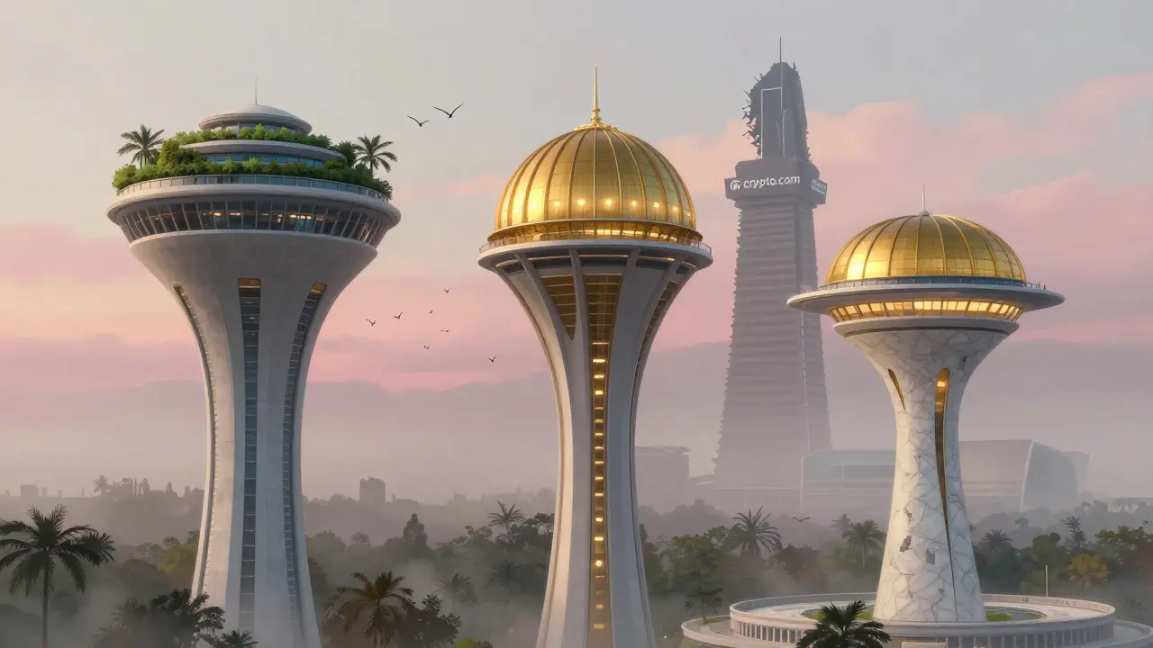 Three glowing exchange towers rise from Singapore, UAE, and Cyprus, while a fading tower collapses behind them under soft dawn light.