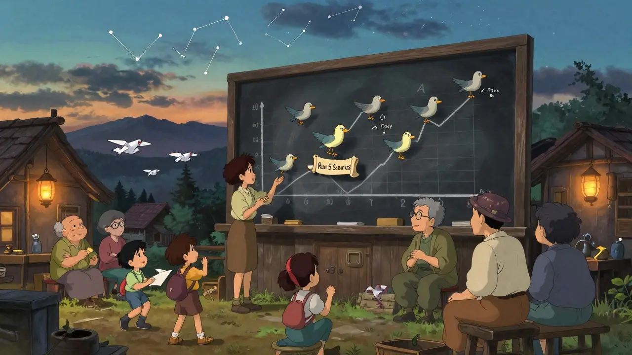 Traders in a mountain village gather around an animated chalkboard as AI birds deliver risk alerts, while children play with margin call drones.
