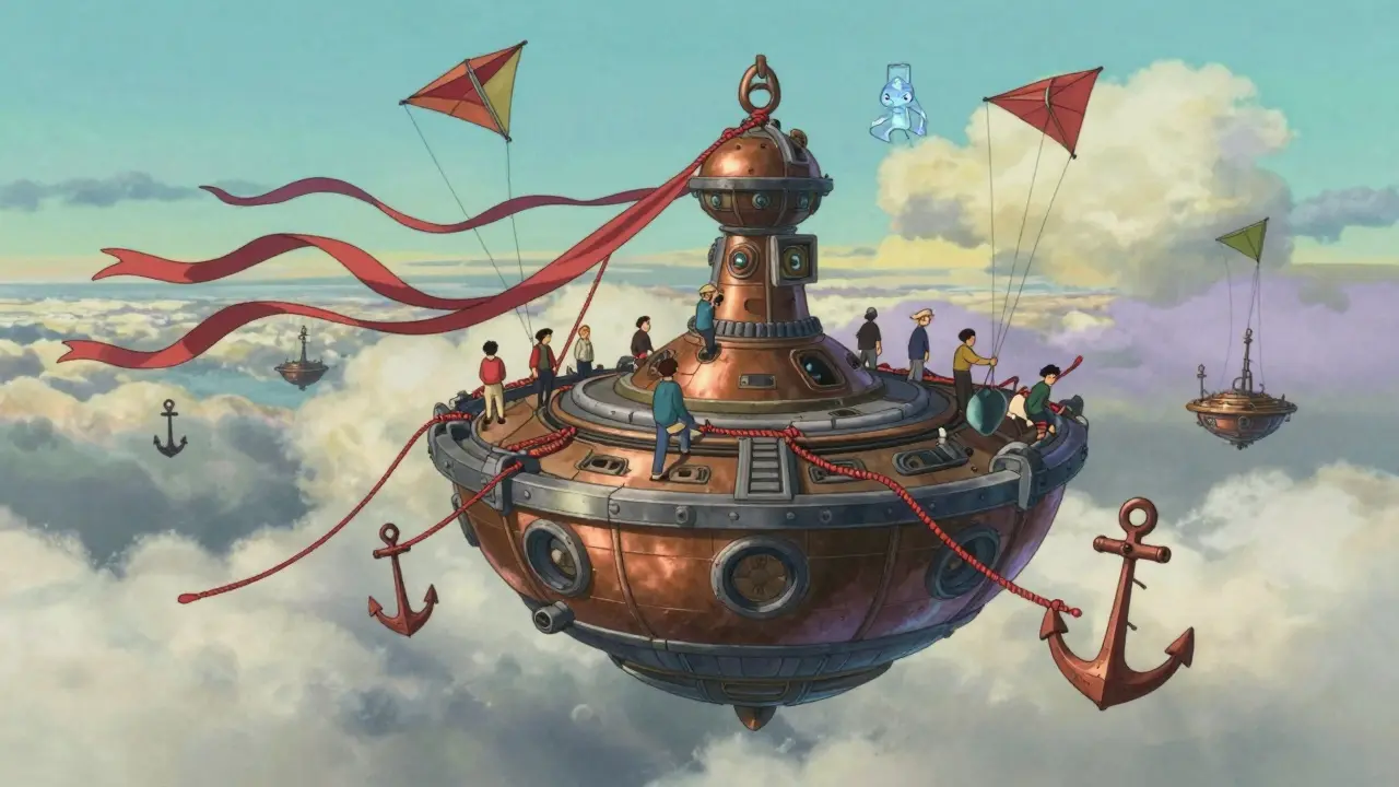 Traders on cloud islands use red anchor ropes and adaptive silk kites to manage crypto trades under AI observation.