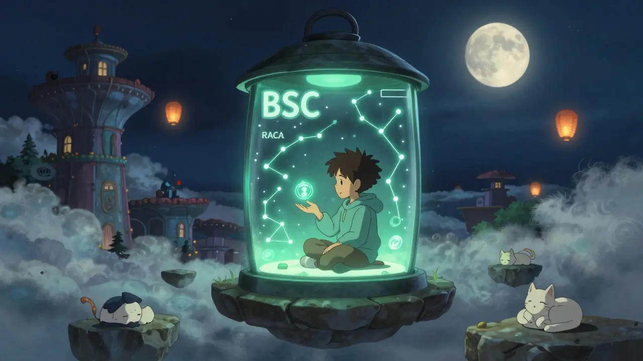 A boy watches RACA tokens swirl around a Potion item inside a lantern-shaped wallet in a starry metaverse.