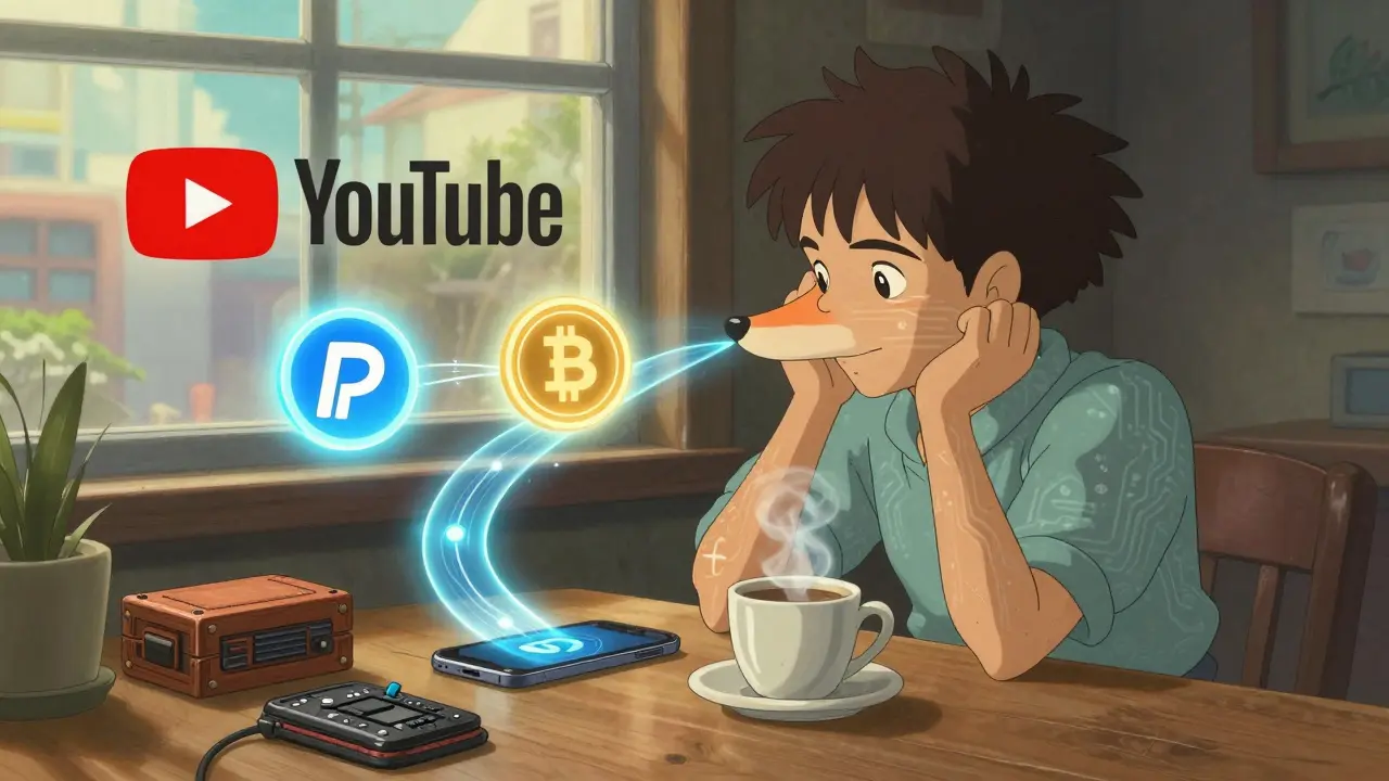 A creator in Mexico balances traditional and crypto payments, guided by a spirit fox as dual payment pathways glow softly.