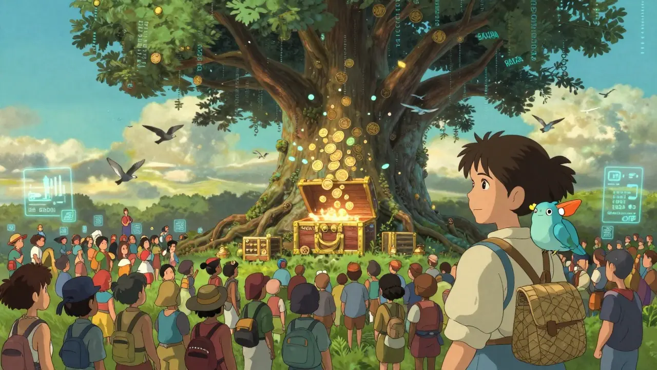 A crowd gathers beneath a blockchain tree as RACA tokens transform into birds and fly into the sky.