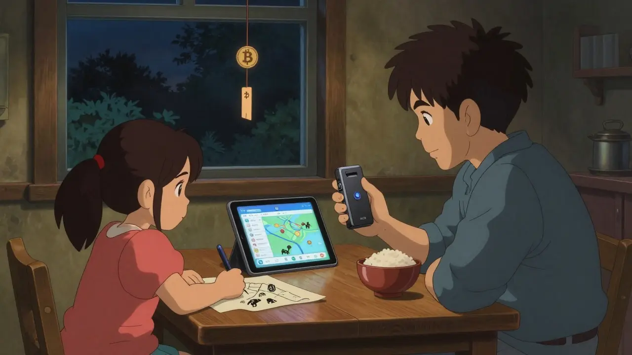 A family safeguards crypto with a hardware wallet at night, surrounded by quiet domestic warmth and subtle digital symbols.