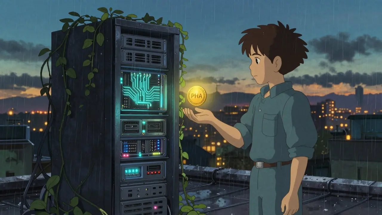 A figure stands on a rainy rooftop beside a bioluminescent server, a PHA token hovering like a firefly as city lights glow below.