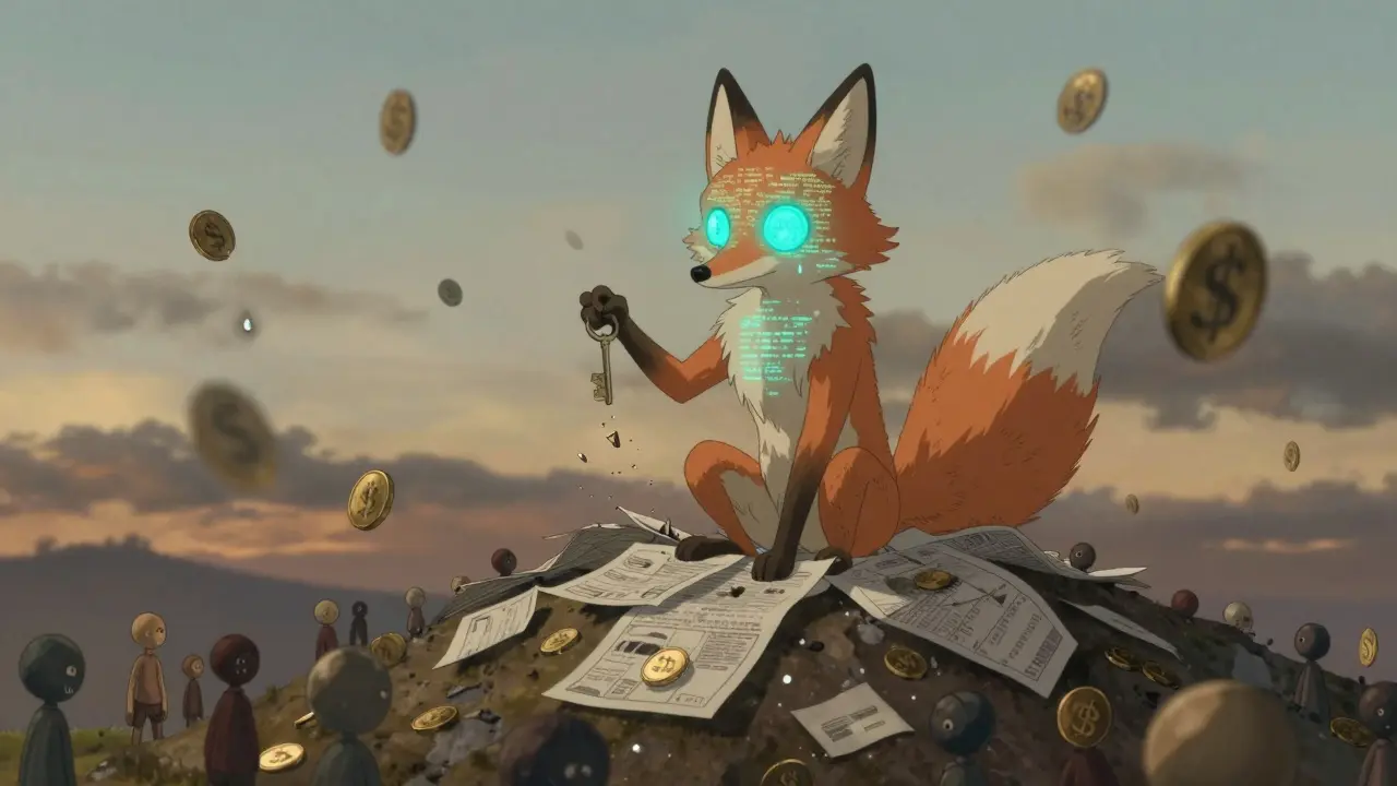 A fox spirit with blockchain eyes holds a key, watching people stake tokens beneath fading  targets.