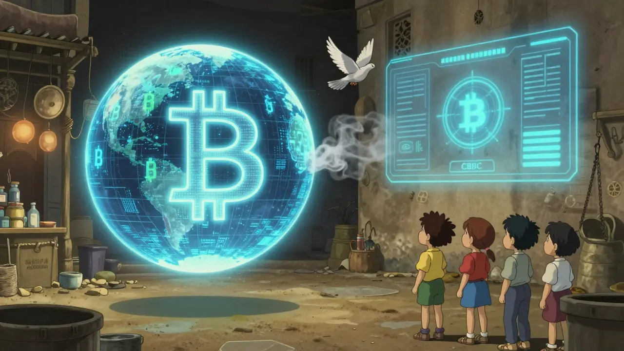 A glowing digital currency orb in a marketplace, with Bitcoin symbols fading and a state-controlled CBDC interface glowing nearby.