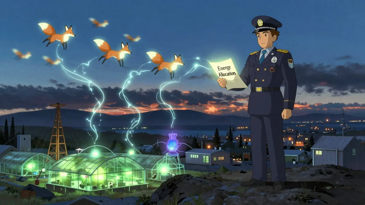 A government official at twilight overseeing energy spirits flowing from mining rigs toward greenhouses and AI labs.