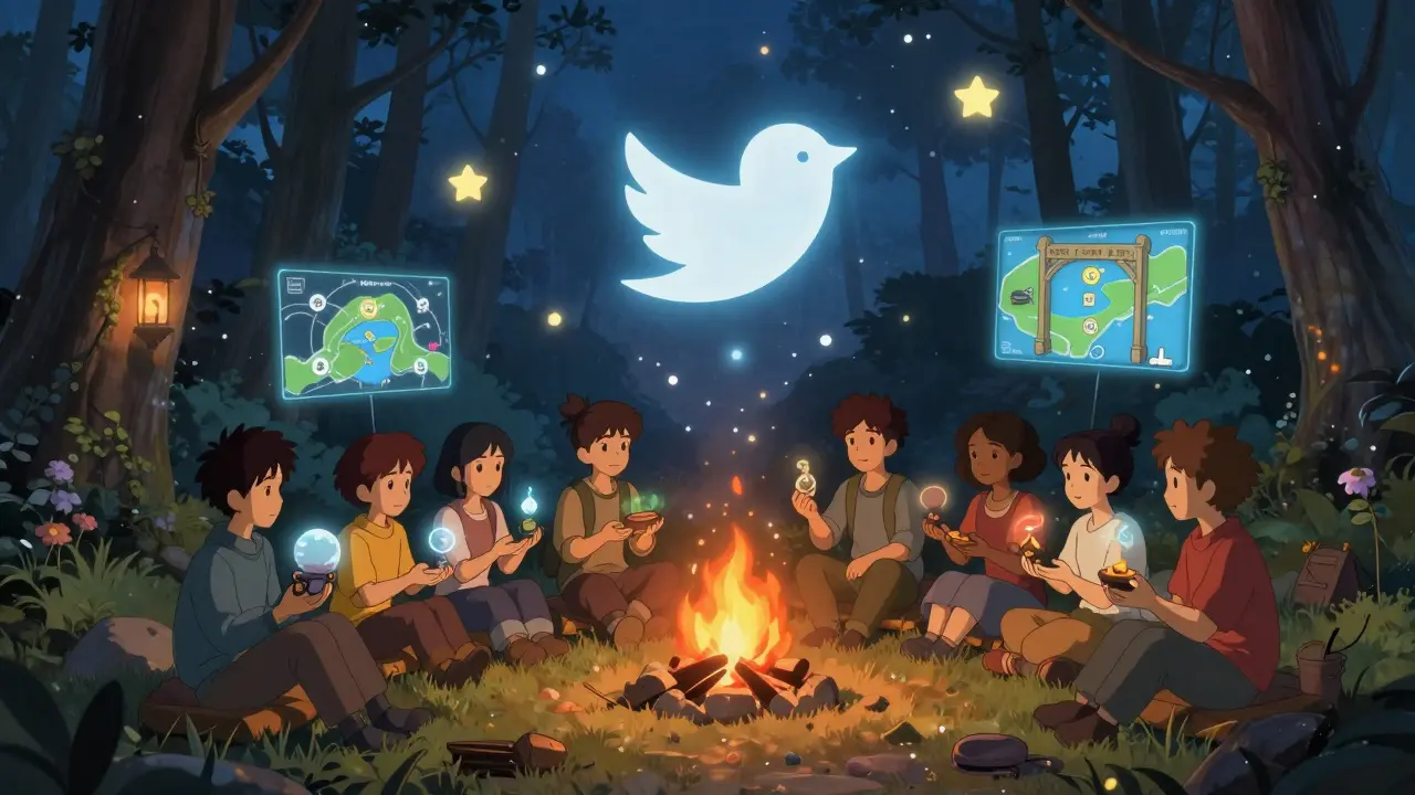 A group of players gather around a glowing campfire in the Zukiverse, each holding a unique in-game NFT item.