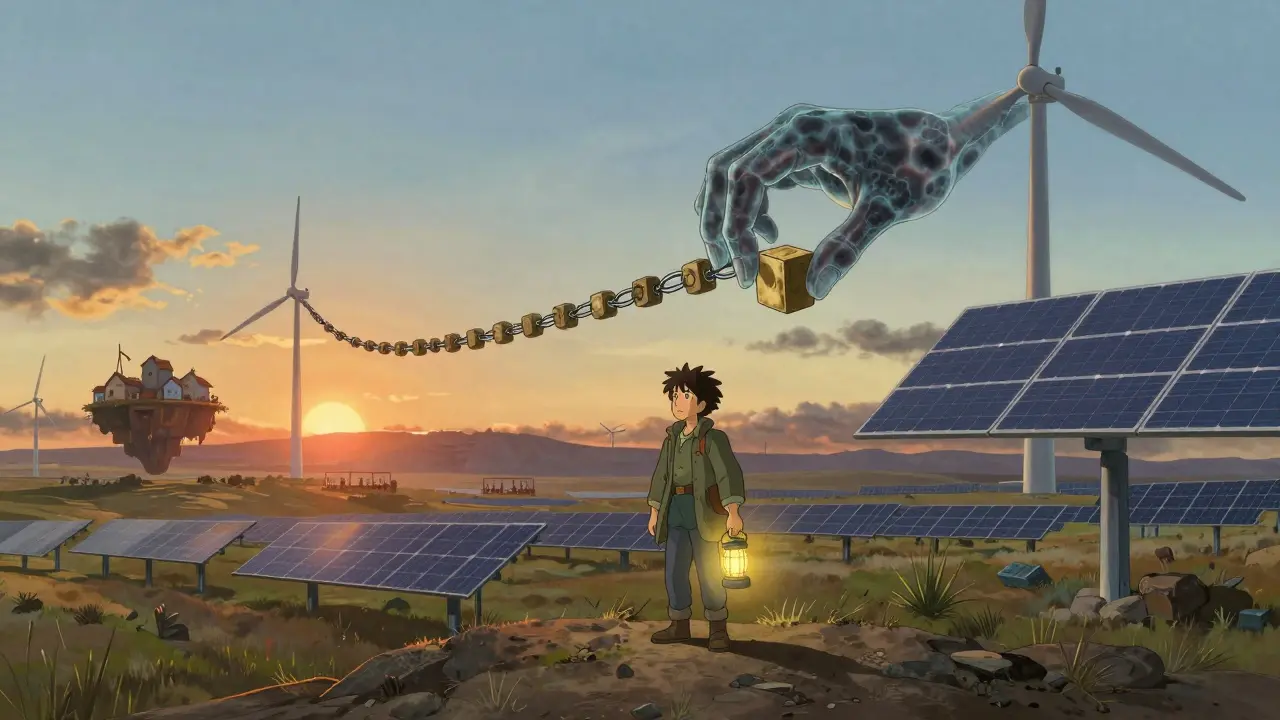 A lone miner with an ASIC lantern on a prairie as renewable energy hands place a block on a floating chain.