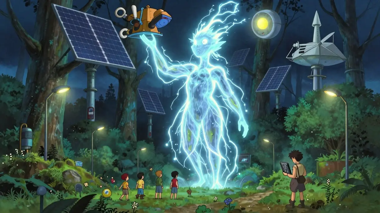 A luminous spirit of energy transforms mining gear into solar panels and hospital lights, restoring power to a village.